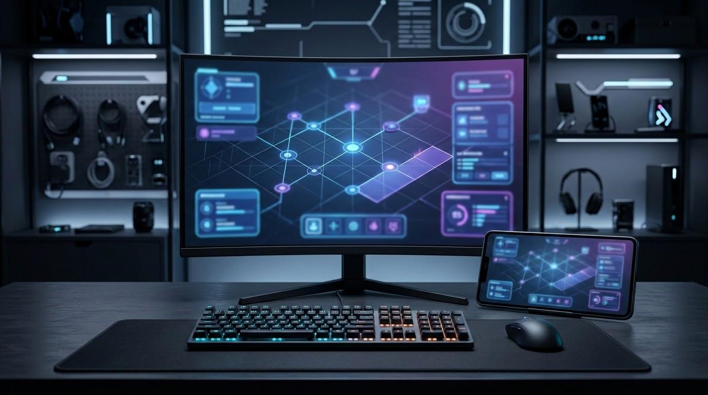 PCモニターとスマートフォン風デバイスが並ぶ、PC版配信開始とクロスデバイスプレイを表すテック風アイキャッチ