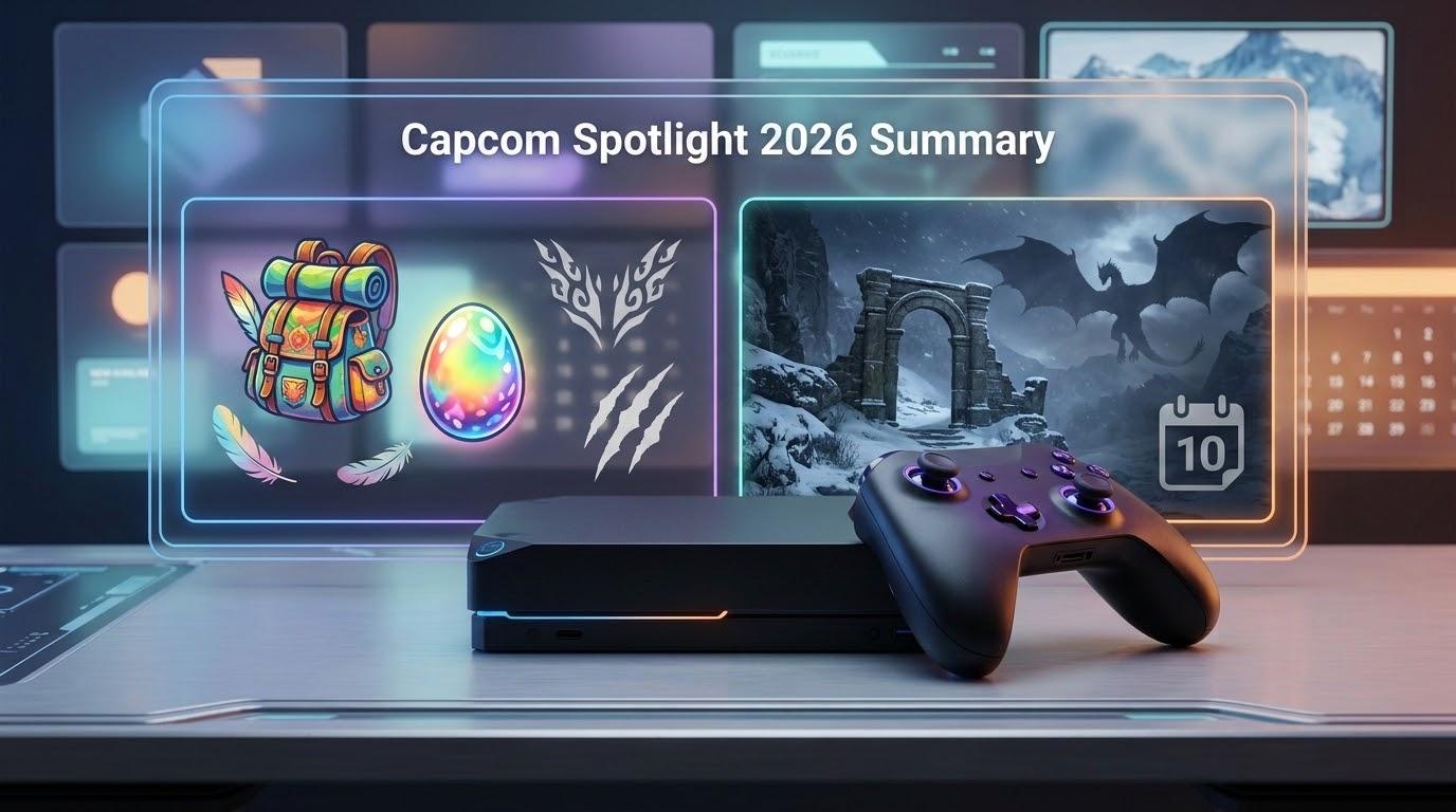 Capcom Spotlight 2026の発表まとめを、DLC配信開始とダークファンタジー拡張の2本立てで表したアイキャッチ画像