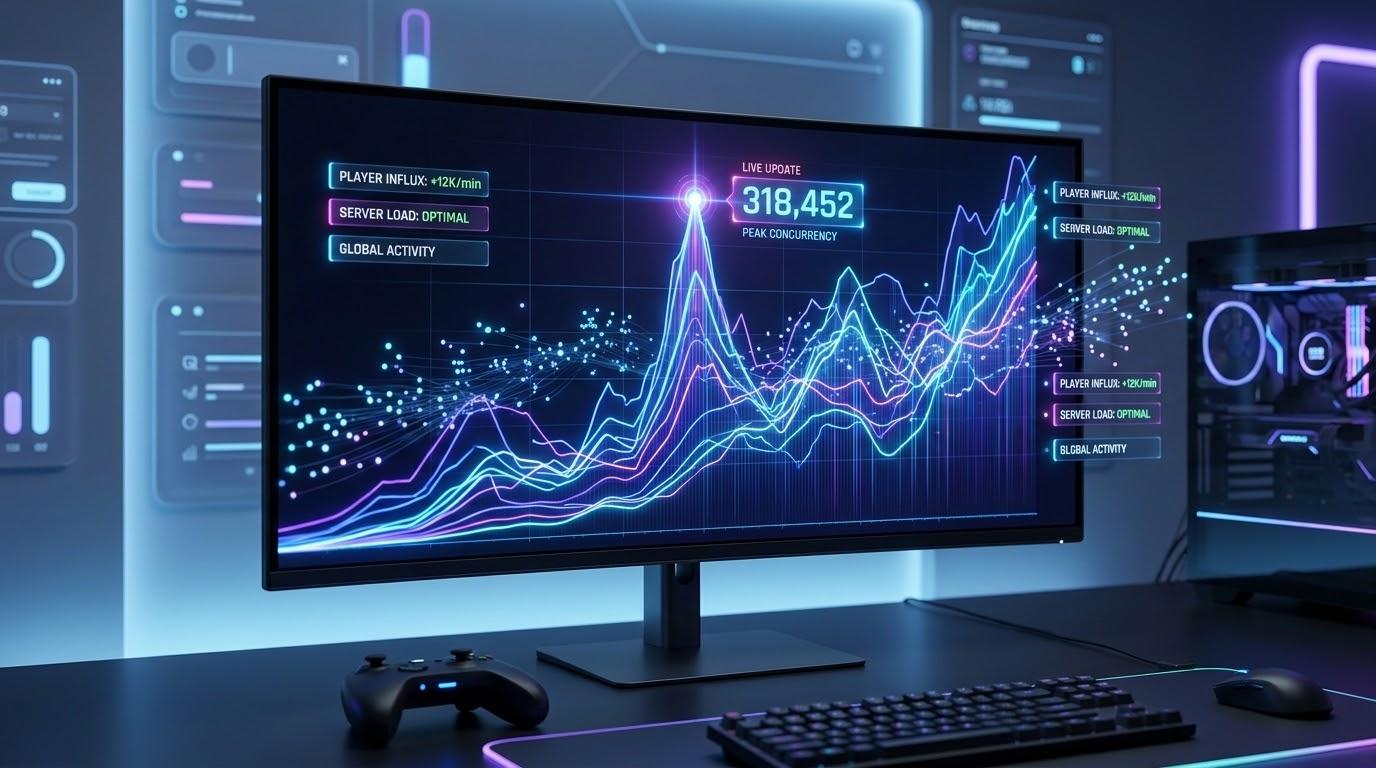 Steam同接の急増とプレイヤー集中をイメージしたテック系アイキャッチ