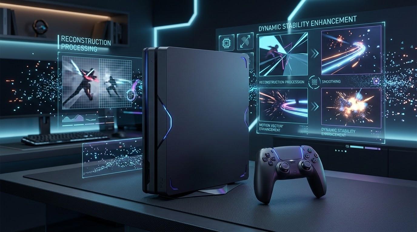 PS5 Pro向けのPSSR強化による映像安定化をイメージしたロゴなしゲーム機風デバイスと抽象UI