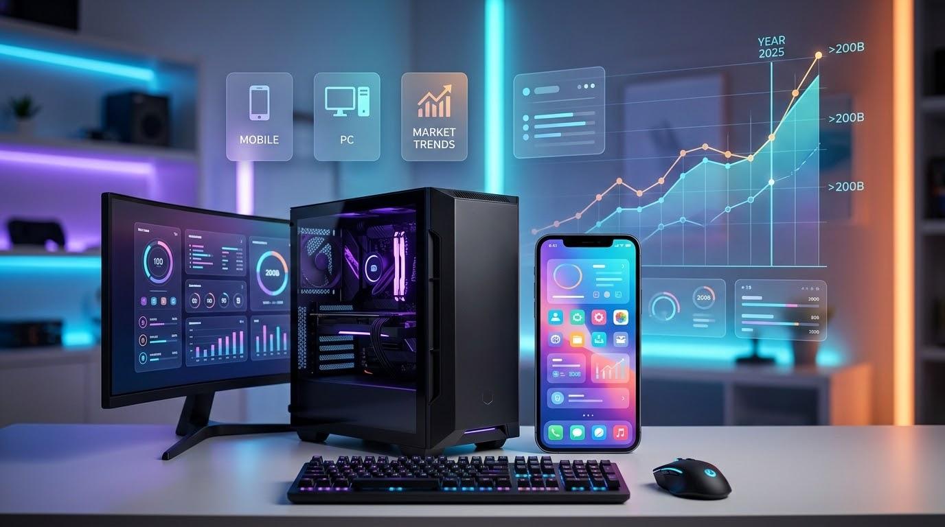 PCとスマートフォン風デバイス、抽象的な市場グラフが並ぶゲーム市場成長のイメージ