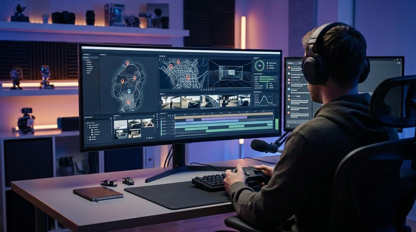 背面から見た配信者風の人物が大型モニターに向かってゲーム内映像制作を行っているテック調のアイキャッチ画像