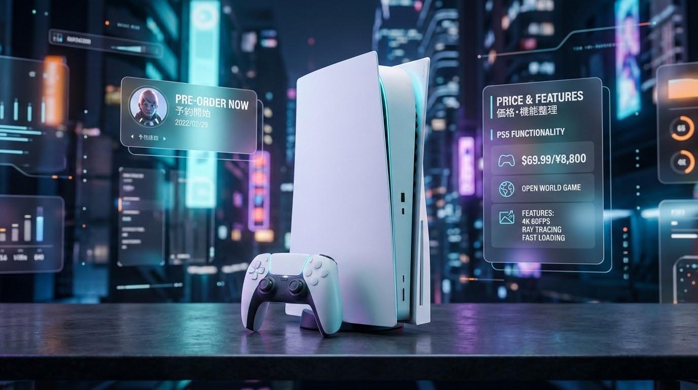 『GTA6』のPS Store予約開始とPS5向け機能をイメージした、架空のゲーム機と予約UIのアイキャッチ