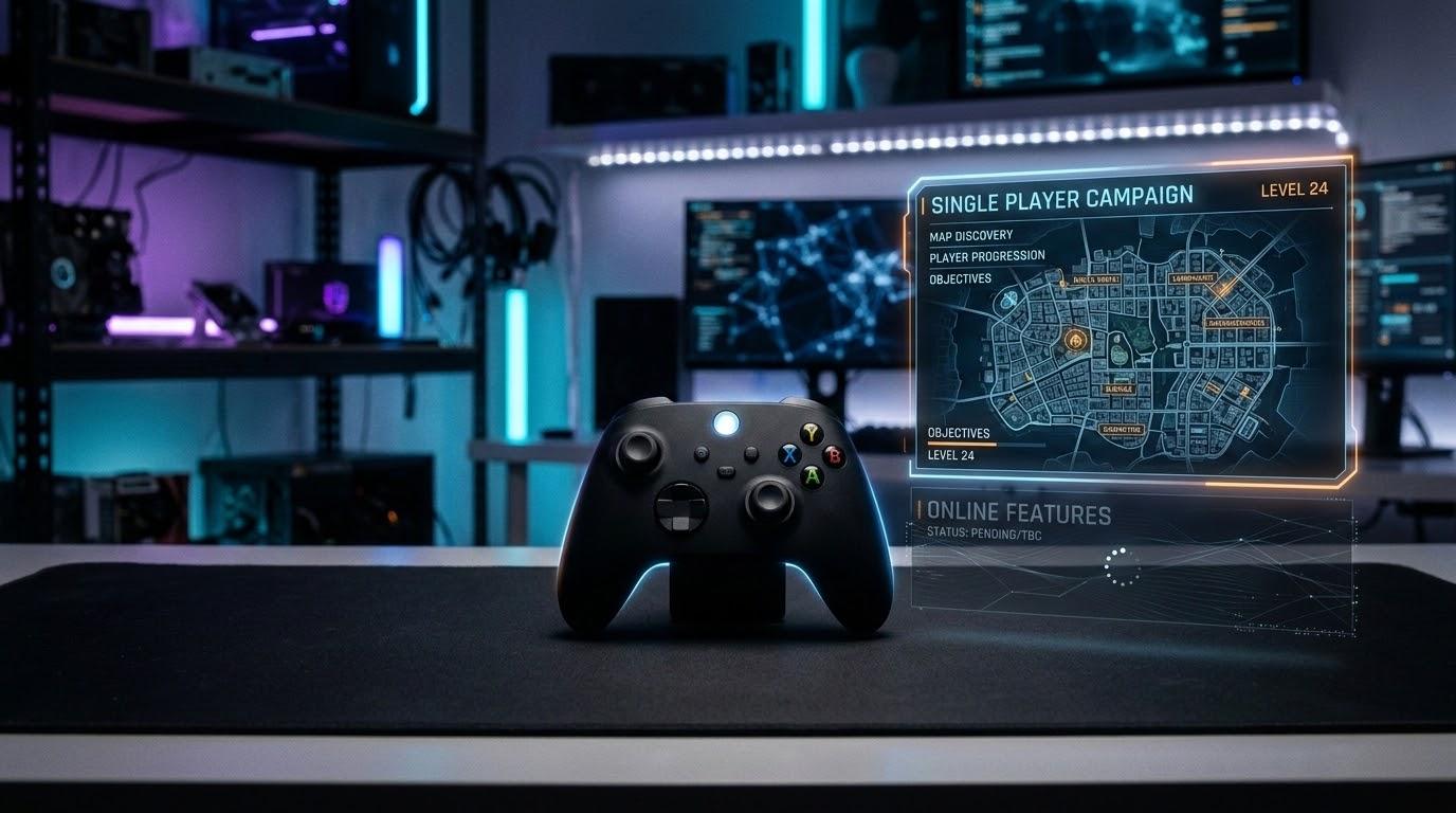 ゲームコントローラーと抽象的なオンラインUIが表示されたテック調のアイキャッチ画像