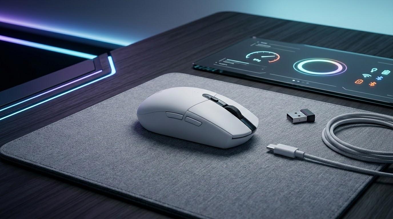 ロゴのない軽量ゲーミングマウス風デバイスをデスク上に配置したレビュー記事用アイキャッチ