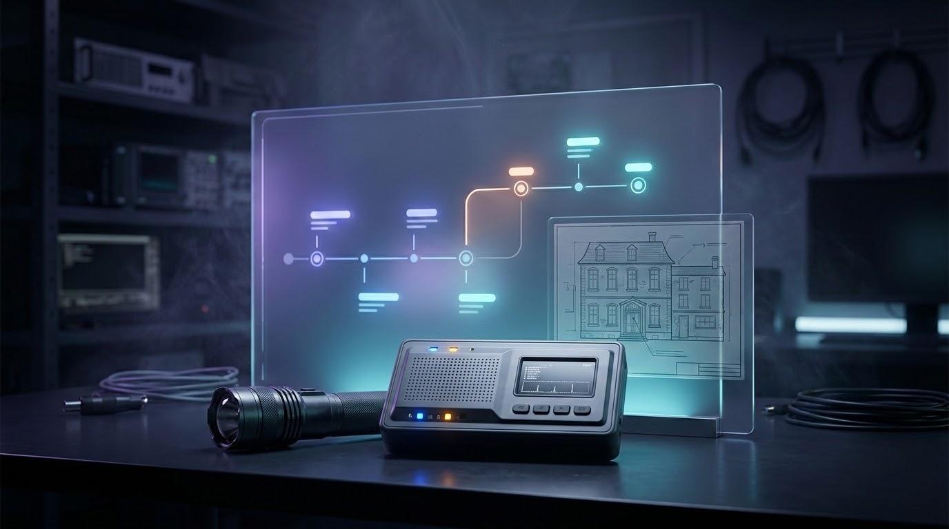 ホラーゲームの正式版延期とロードマップ更新をイメージした調査デバイスと抽象UIのアイキャッチ