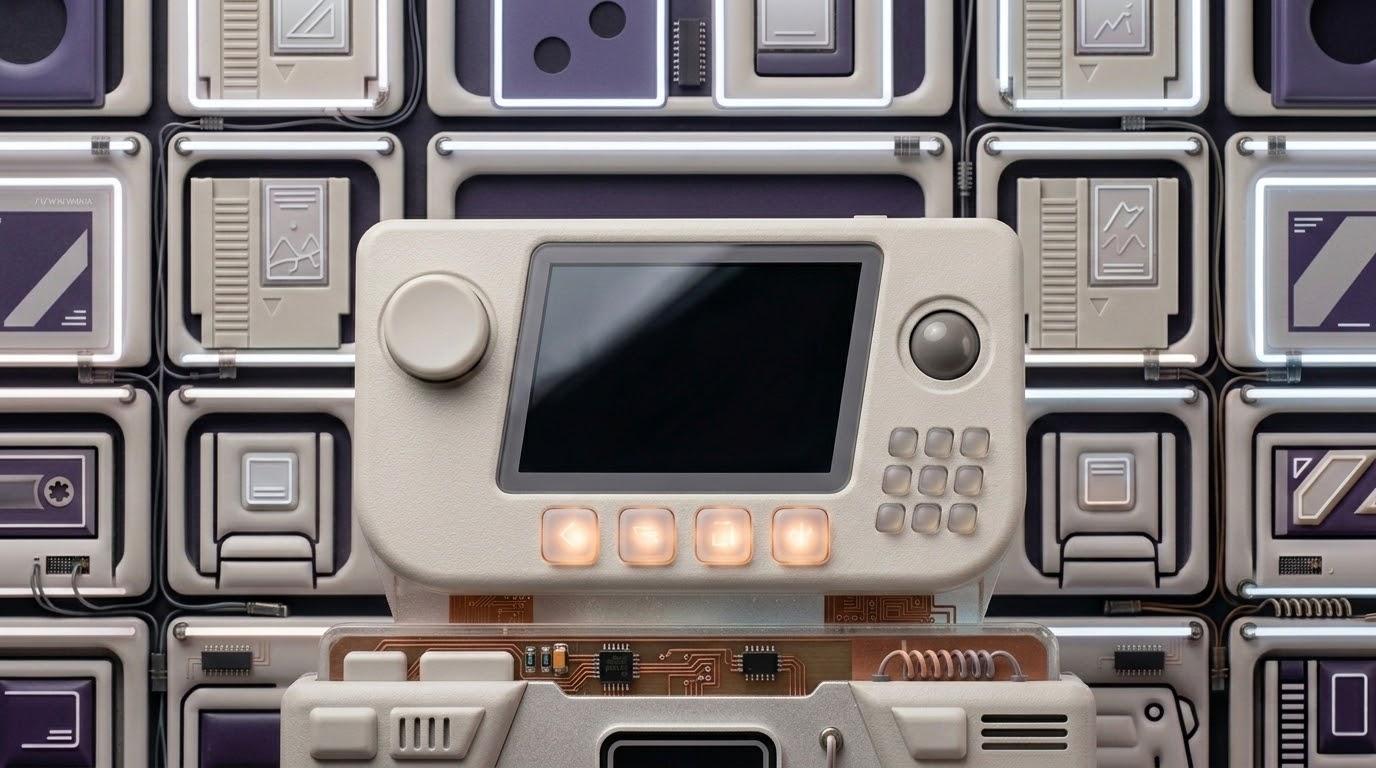 レトロ携帯ゲーム機風のデバイスと発光する操作パーツ、コレクション棚風の背景を描いたイメージ画像