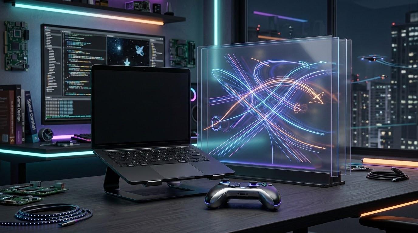 レールシューター再注目をテーマにした、開発デスクと抽象的な飛行ルートUIのアイキャッチ