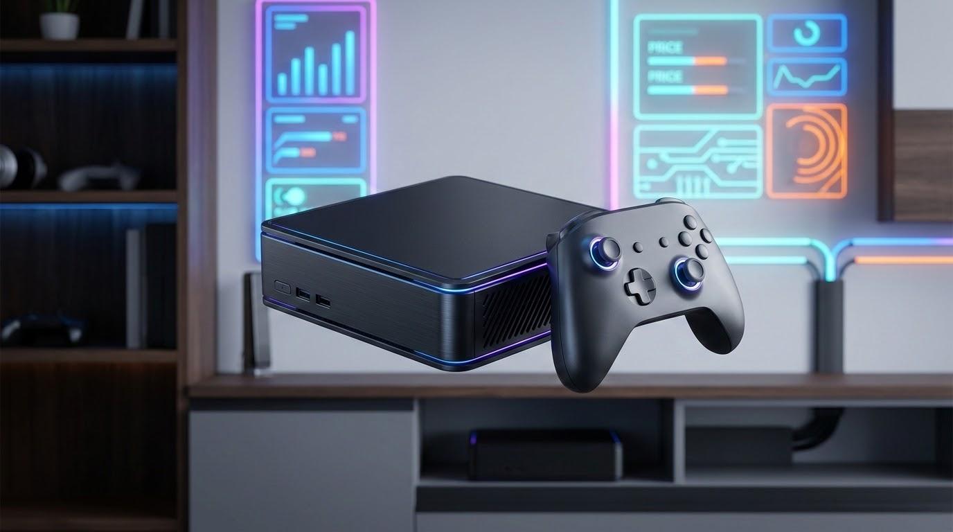 ロゴのない小型据え置きゲームPC風デバイスとコントローラーを、ネオンのあるテック空間に配置したイメージ