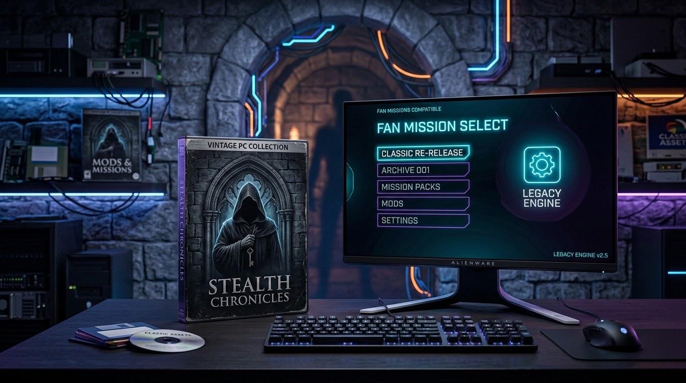 暗いテック空間に置かれた架空のPCゲームケースとミッション選択風UI