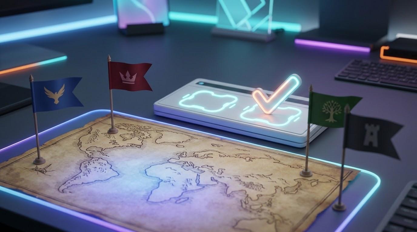 中世ストラテジーゲームの勢力選択をイメージしたマップと旗の抽象ビジュアル