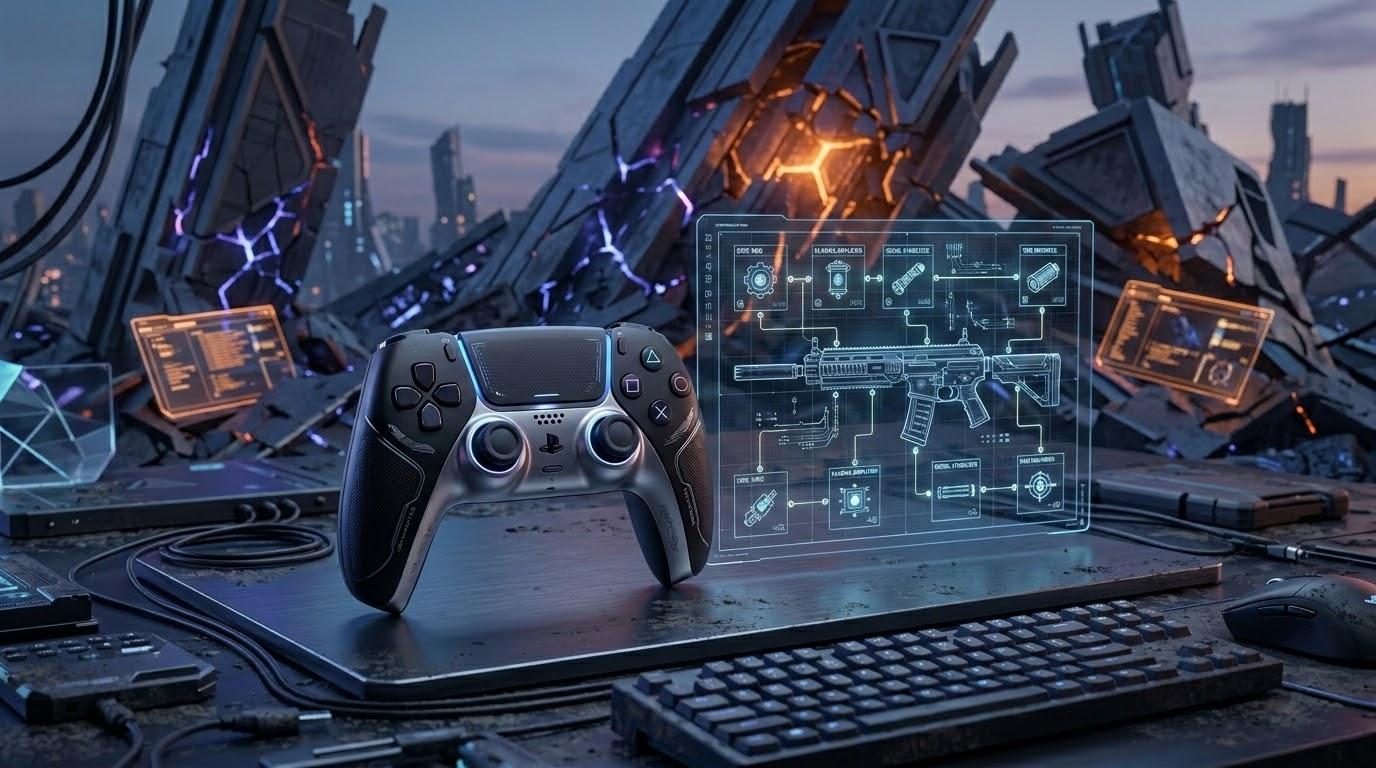 SF風のコントローラーと武器改造グリッド、破壊されたテック空間を描いた『Void/Breaker』PS5版イメージ