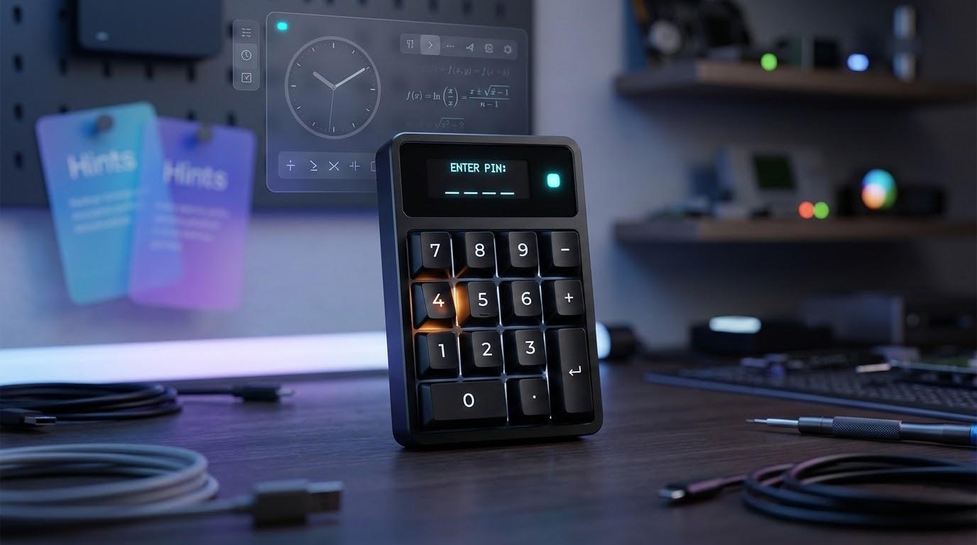 4桁パスワード入力をイメージした数字パネルと抽象的なヒントUI