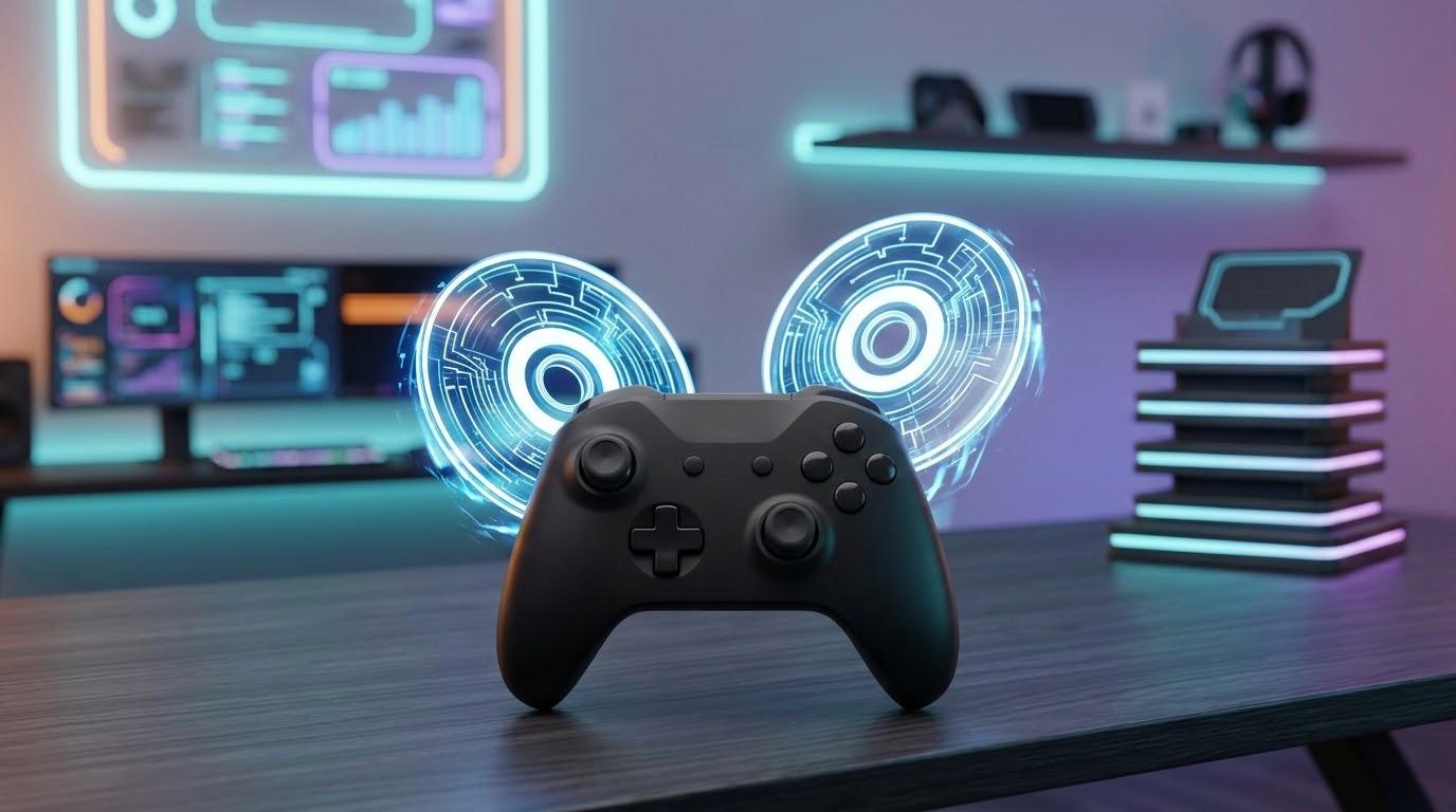 黒いゲームコントローラーと青白く光る2枚のディスク風モチーフが並ぶ、旧作FPSのPS4/PS5向け移植をイメージしたアイキャッチ画像
