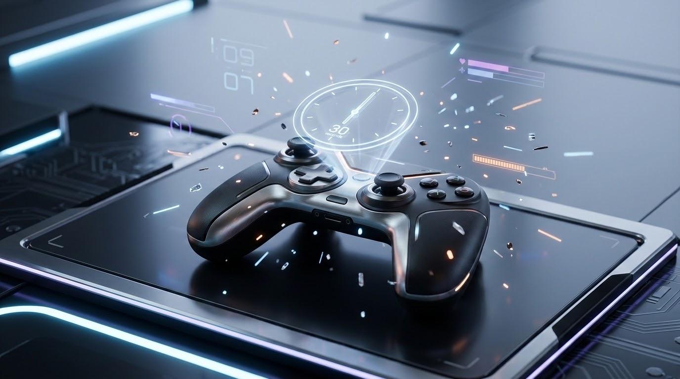 時間停止を表す時計型ホログラムと架空のゲームデバイスを配置した近未来的なビジュアル