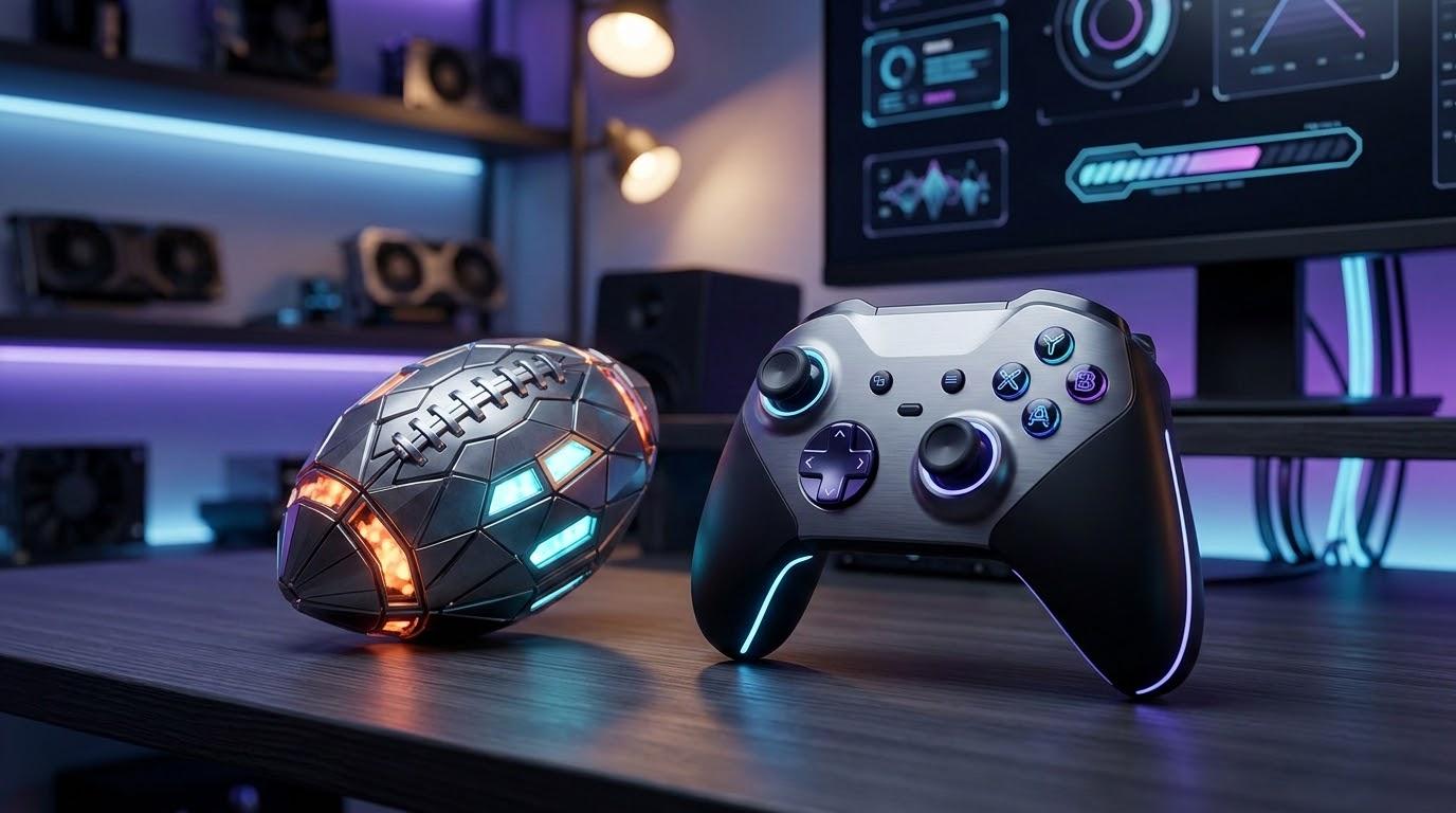 EA SPORTS College Football 27のEA Playトライアルをイメージしたゲームコントローラーとフットボール風オブジェクト