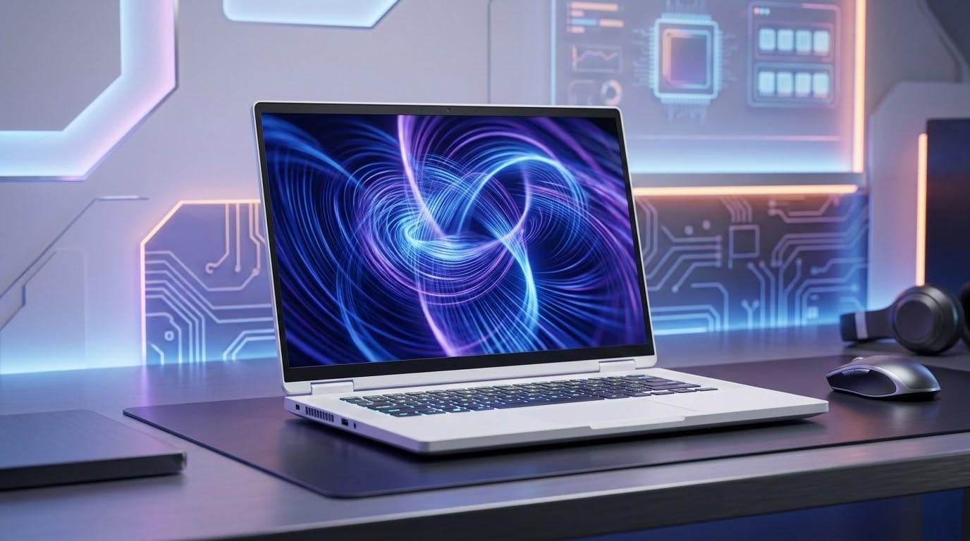 白い高性能ゲーミングノートPCと青紫のテック空間を描いたイメージ