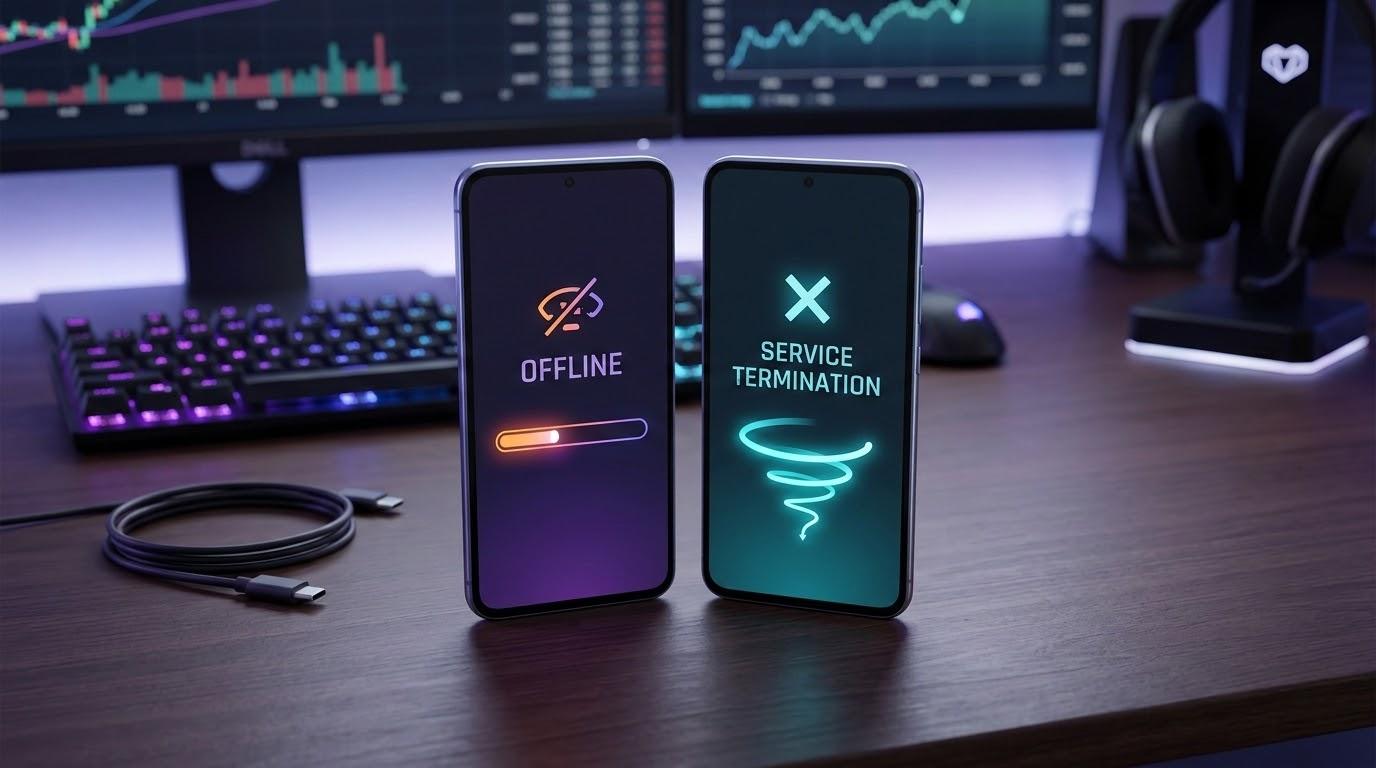 2台の架空スマートフォンと終了通知を思わせるUIでモバイルゲーム市場の転換を表現したイメージ