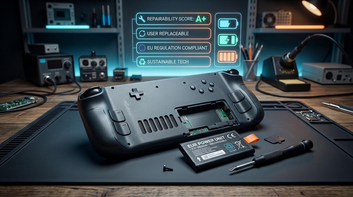 交換可能バッテリー仕様の携帯ゲーム機をイメージしたテック風ビジュアル