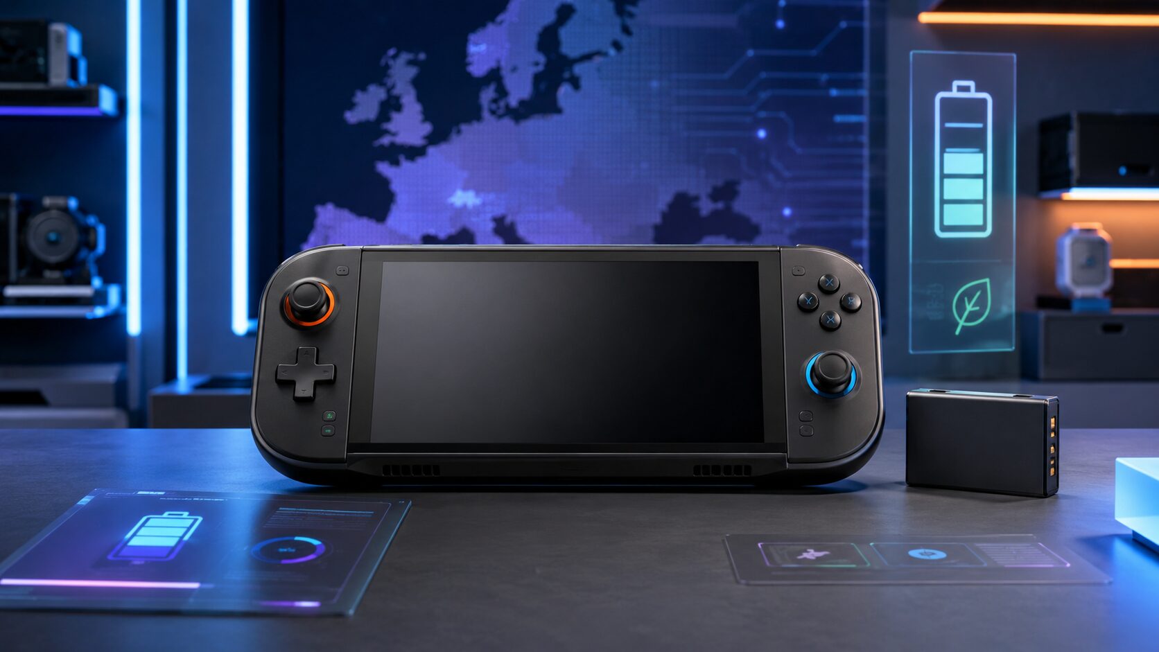 欧州でのNintendo Switch販売終了とSwitch 2改訂版への移行をイメージした架空の携帯ゲーム機とバッテリーUI