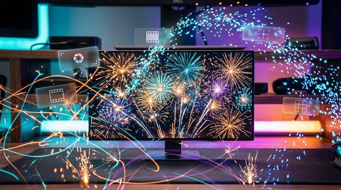 デスク上のモニターいっぱいに花火が広がる、フォトモード文化をイメージしたアイキャッチ画像