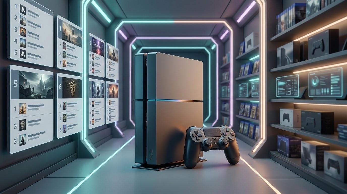 PlayStation Storeの月間ランキングをイメージしたゲーム機風デバイスと抽象UIのアイキャッチ画像