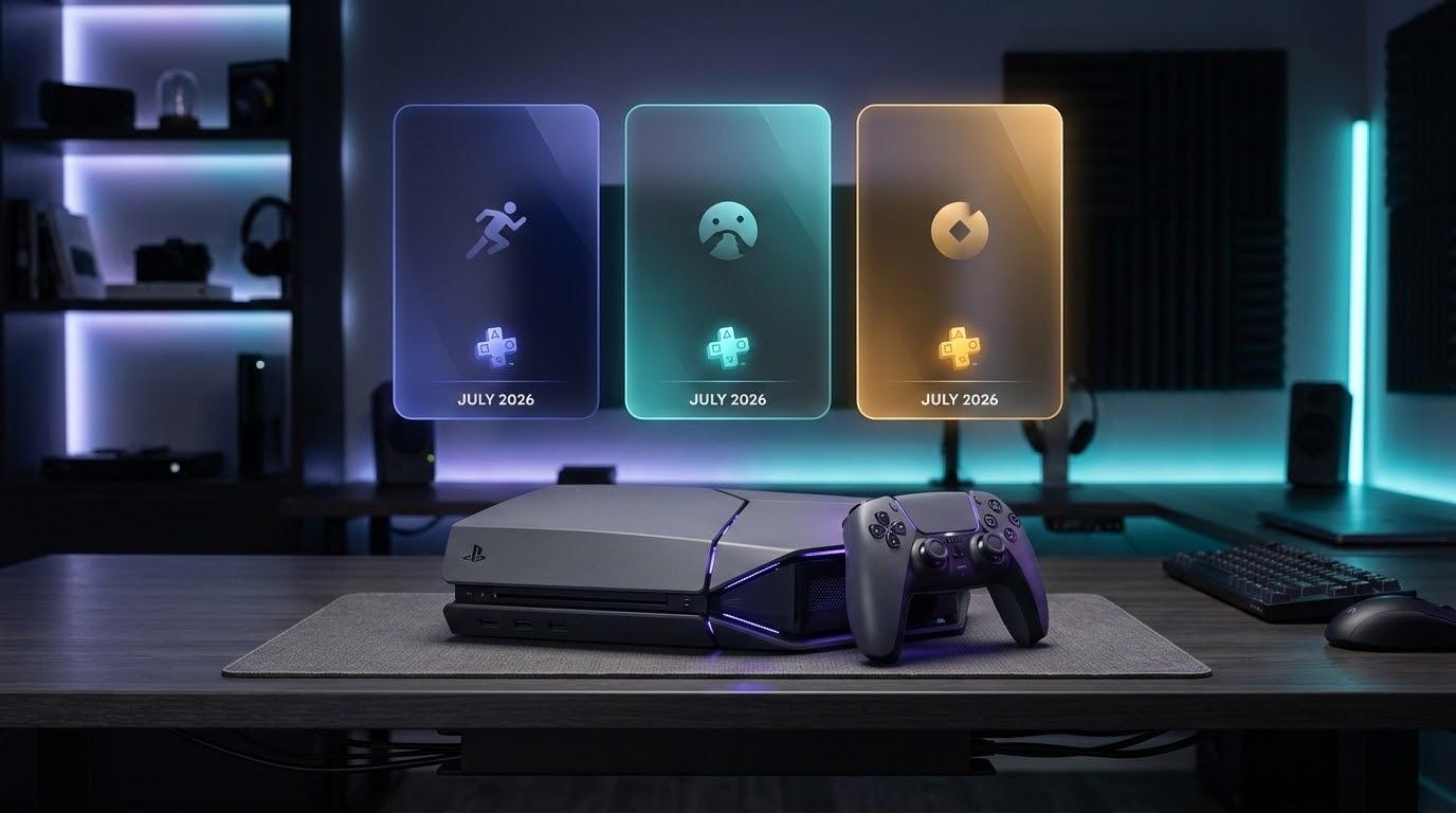 ネオンのあるテック空間に置かれたロゴなしゲーム機とコントローラー