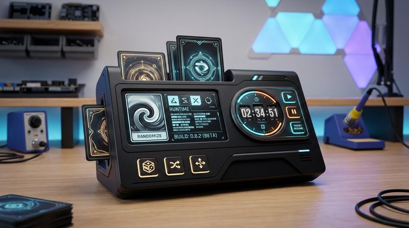 ローグライクカードゲームのアップデートをイメージしたカードとタイマー風UIのアイキャッチ画像