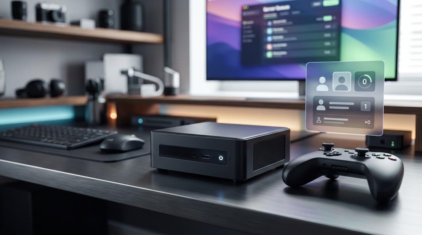 ロゴのない小型ゲームPC風デバイスと予約キュー風UIを配置したテック系アイキャッチ