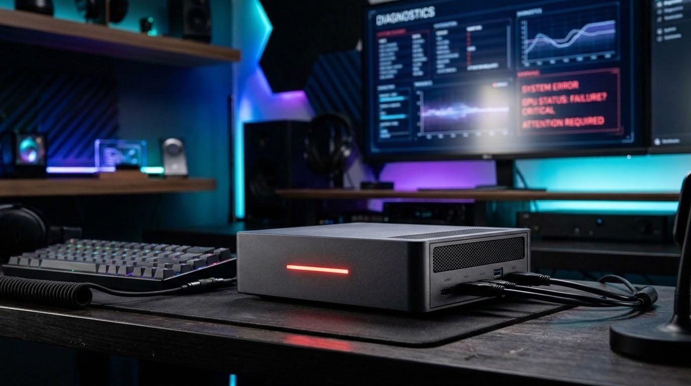 赤い警告ライトが点灯した小型ゲーミングPC風デバイスのイメージ