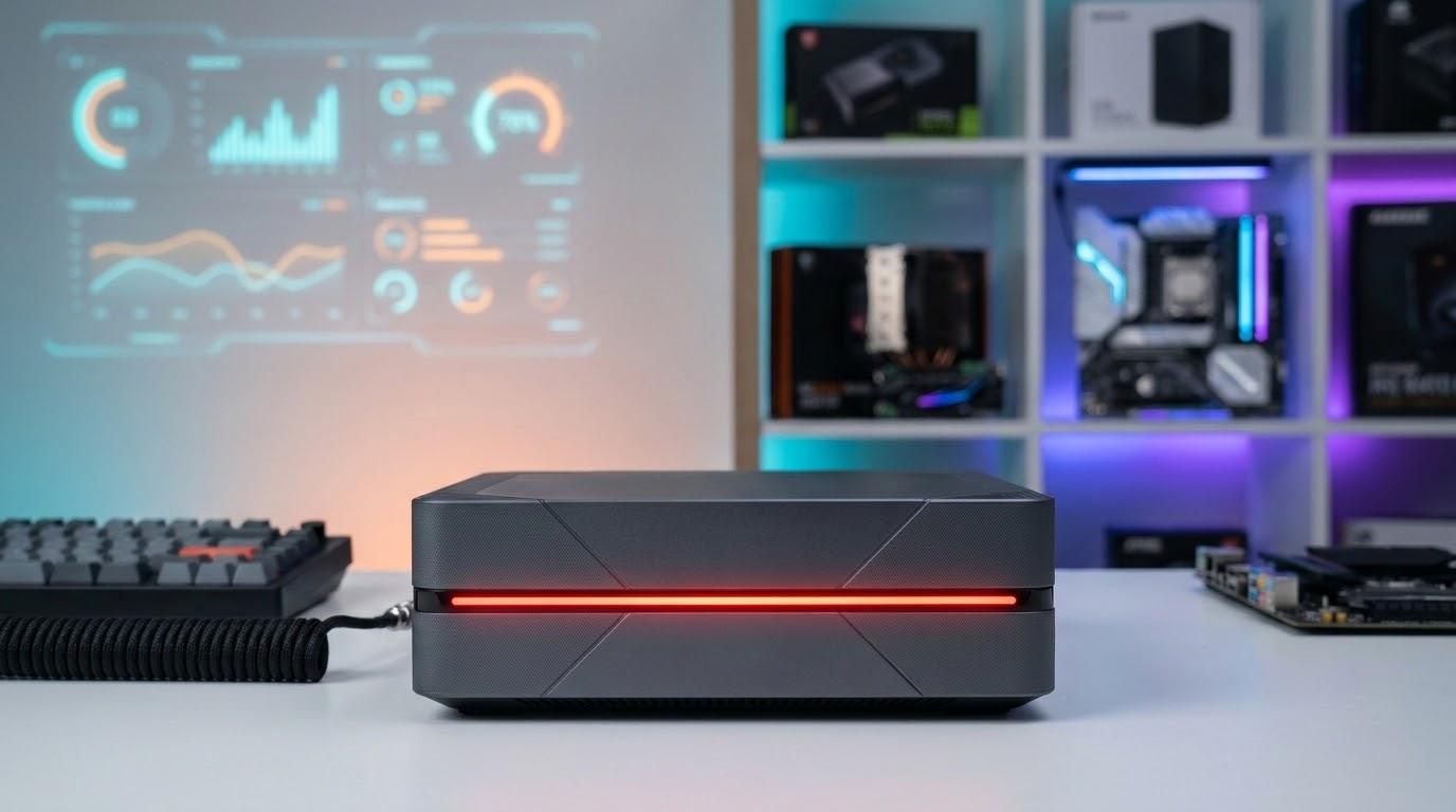 赤いライトバーが点灯した小型ゲーミングPC風デバイスのイメージ