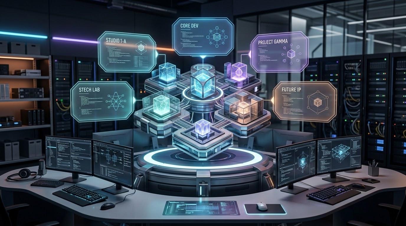ゲーム企業の大規模再編をイメージした、ネオンが光るテック空間と抽象的なスタジオパネル