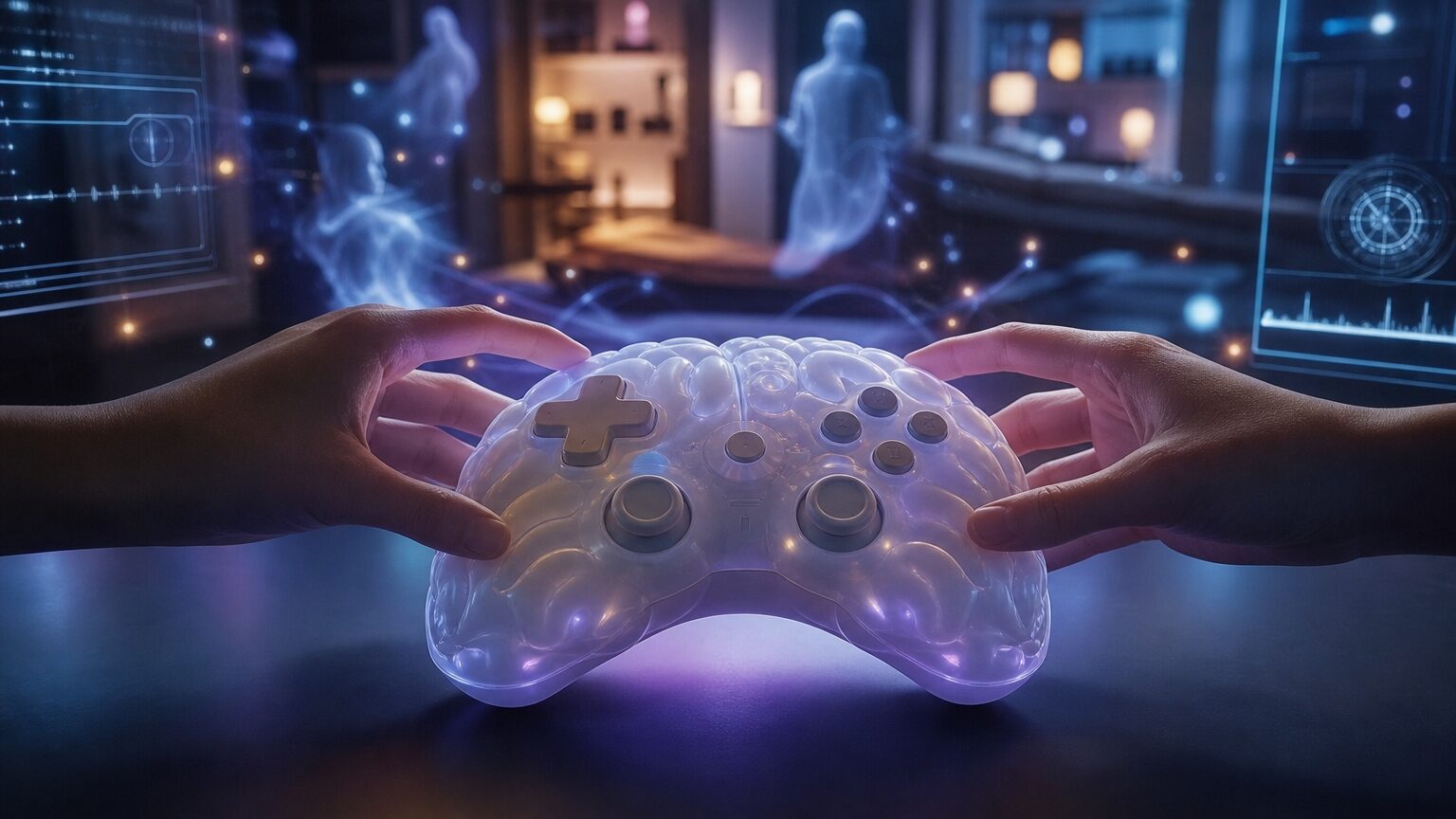 机に置かれた脳型ゲームコントローラへ両手で触れ、亡霊の記憶を探る様子を表現したイメージ