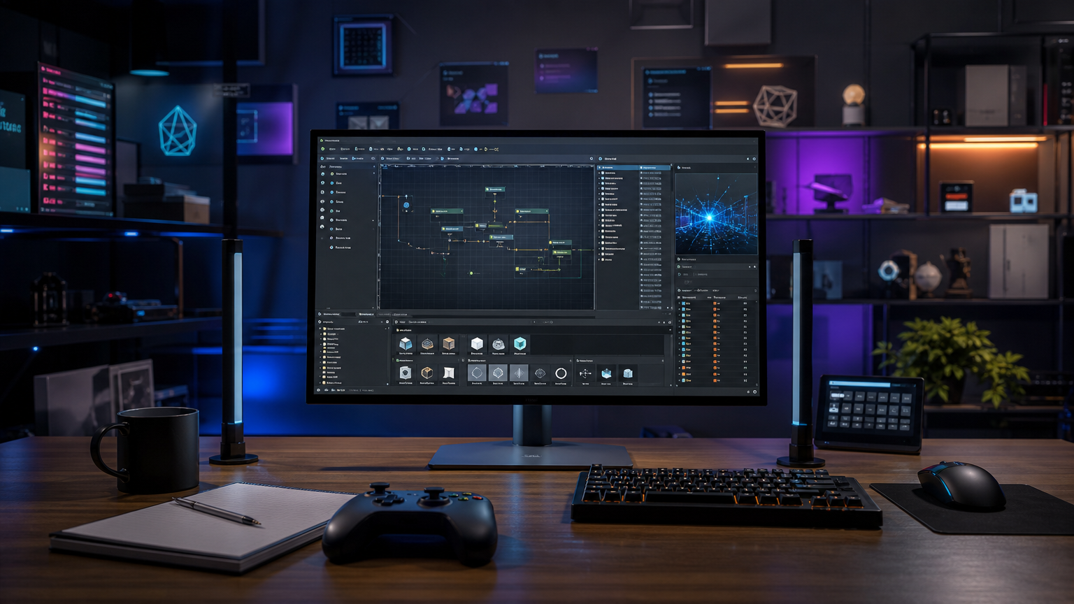 独立系ゲームスタジオの制作デスクと抽象的なゲーム開発UI