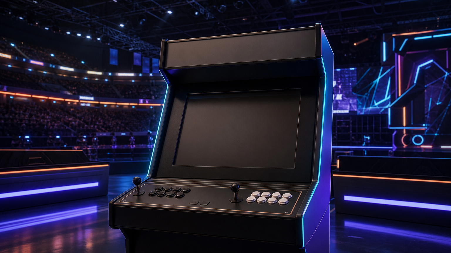 大型アリーナで行われる2on2アーケードゲーム大会をイメージした画像