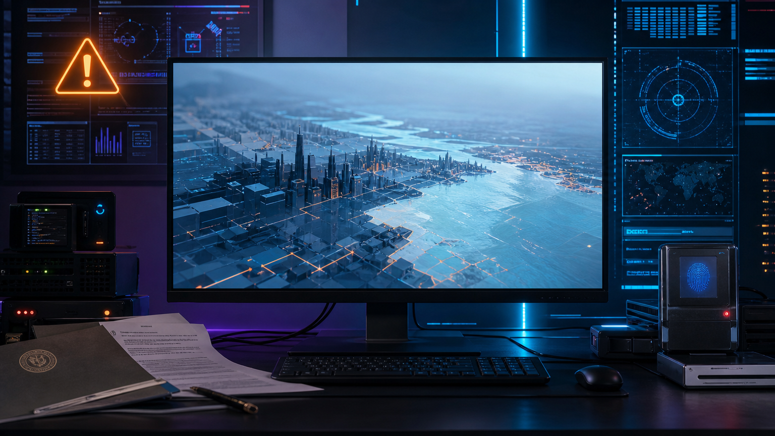 大型ゲームの未確認映像流出と調査を表現したモニターとセキュリティ警告のイメージ