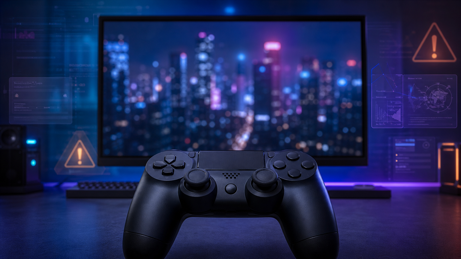 未確認のゲーム映像を映すモニターと警告インジケーターのイメージ