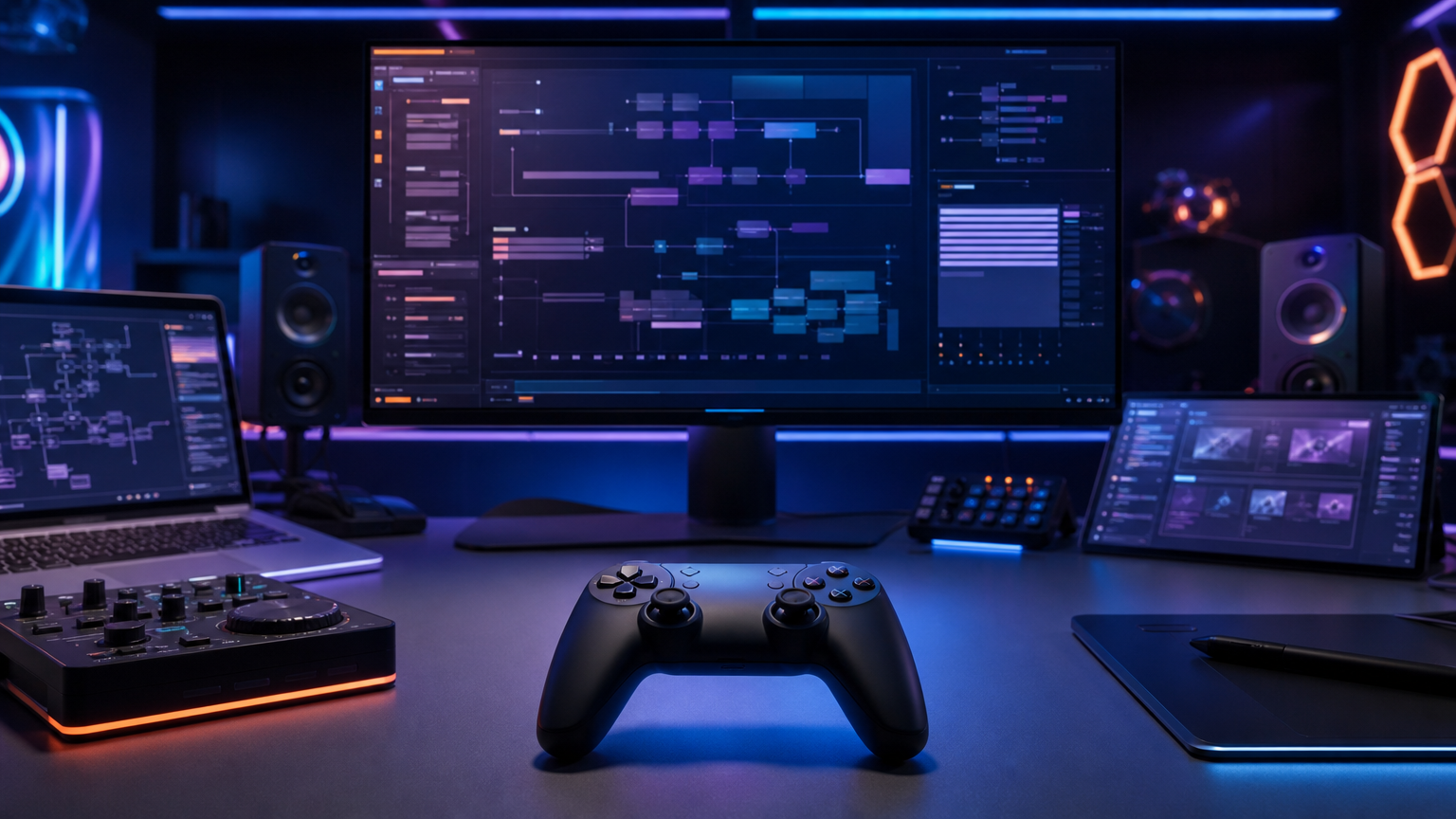 ゲーム制作を続ける意思を象徴する未来的なゲーム開発スタジオ