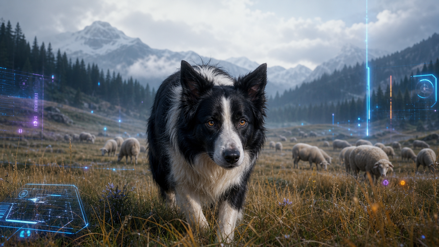 牧草地で羊の群れを見守る牧羊犬をイメージした『Hubert』PS5版発表記事のアイキャッチ