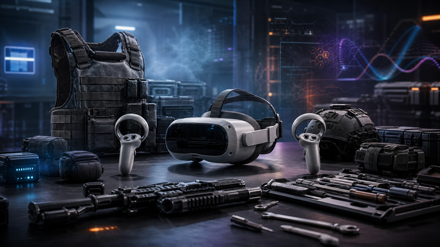 霧に覆われた異常地帯を背景にしたVRヘッドセットとサバイバル装備のイメージ