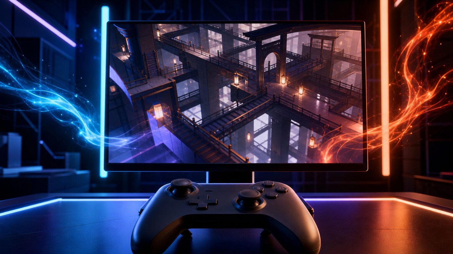 架空のゲームデバイスと立体迷宮、青と赤の光で限定モードを表現したイメージ