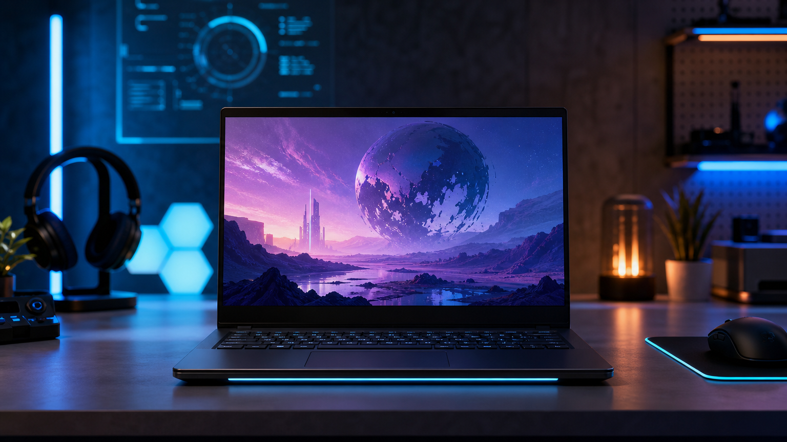 未知の惑星を思わせる抽象的な風景を映したゲーミングノートPC
