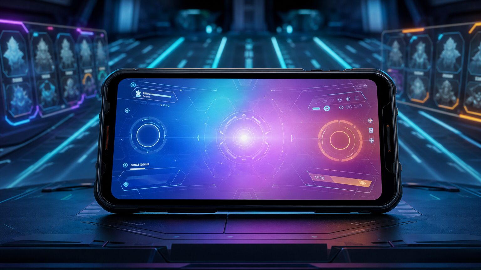 3本の発光ラインを背景に配置した架空のスマートフォン型ゲームデバイス