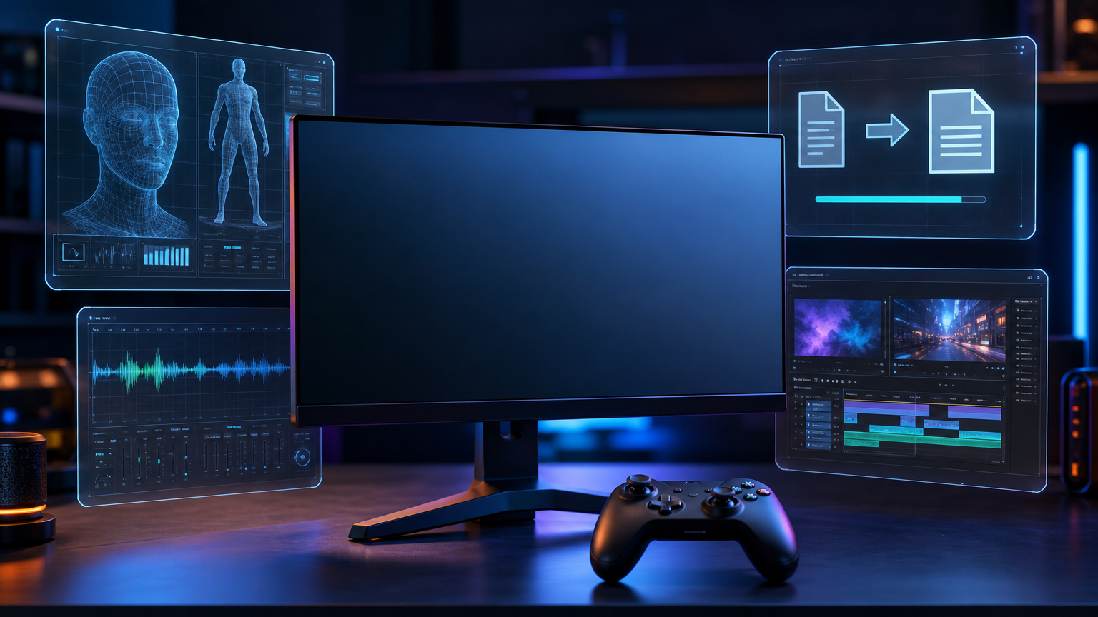 PCモニターとコントローラーの周囲に音声波形やデータ変換UIが浮かぶ大型ゲームModのイメージ