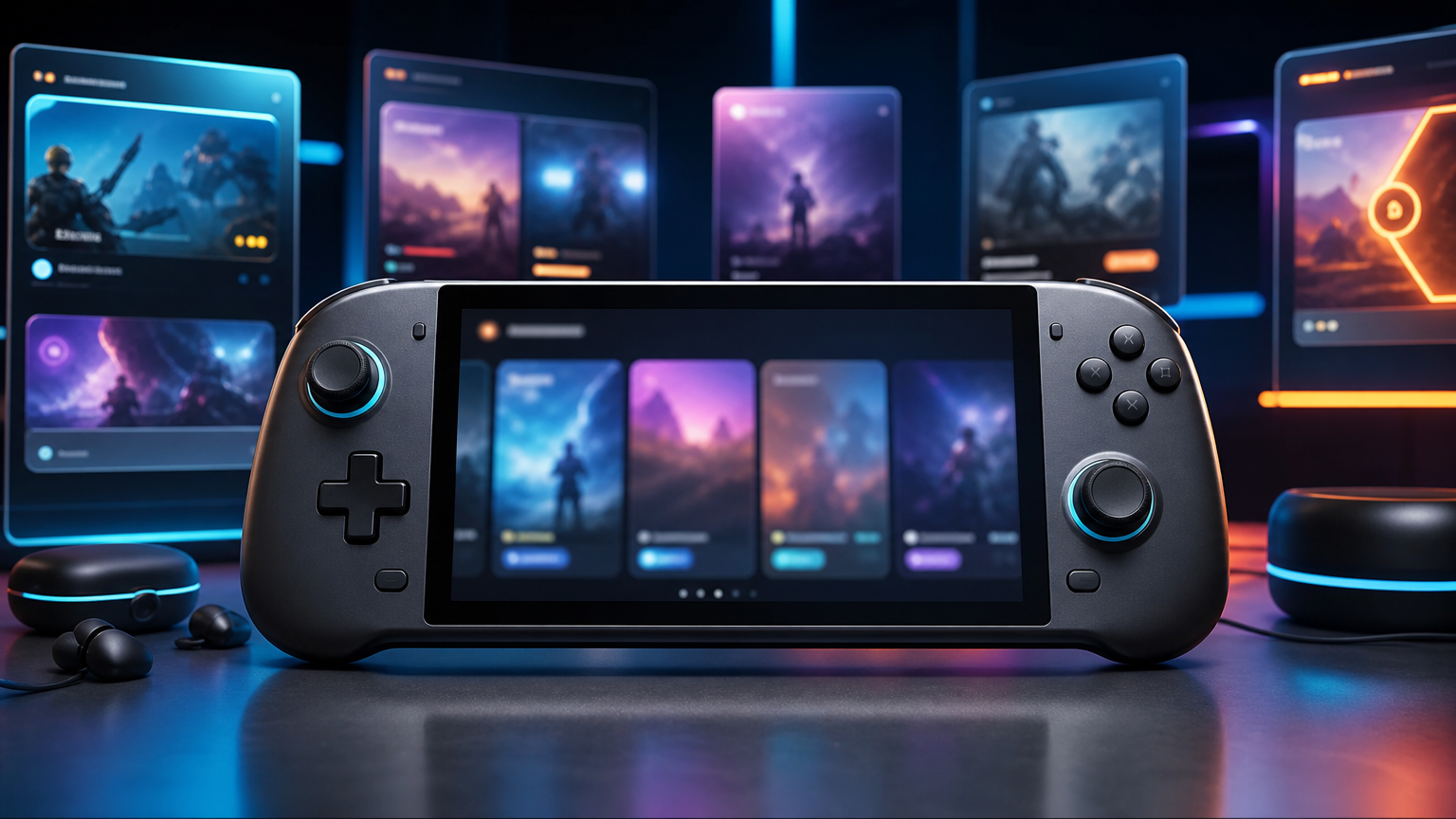 架空の携帯ゲーム機に新着ゲームをイメージしたカード型UIが表示されたテック風ビジュアル