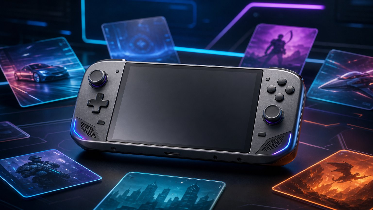 夏をイメージしたテック空間に携帯型ゲーム機とデジタルゲームカードを配置したセールのイメージ