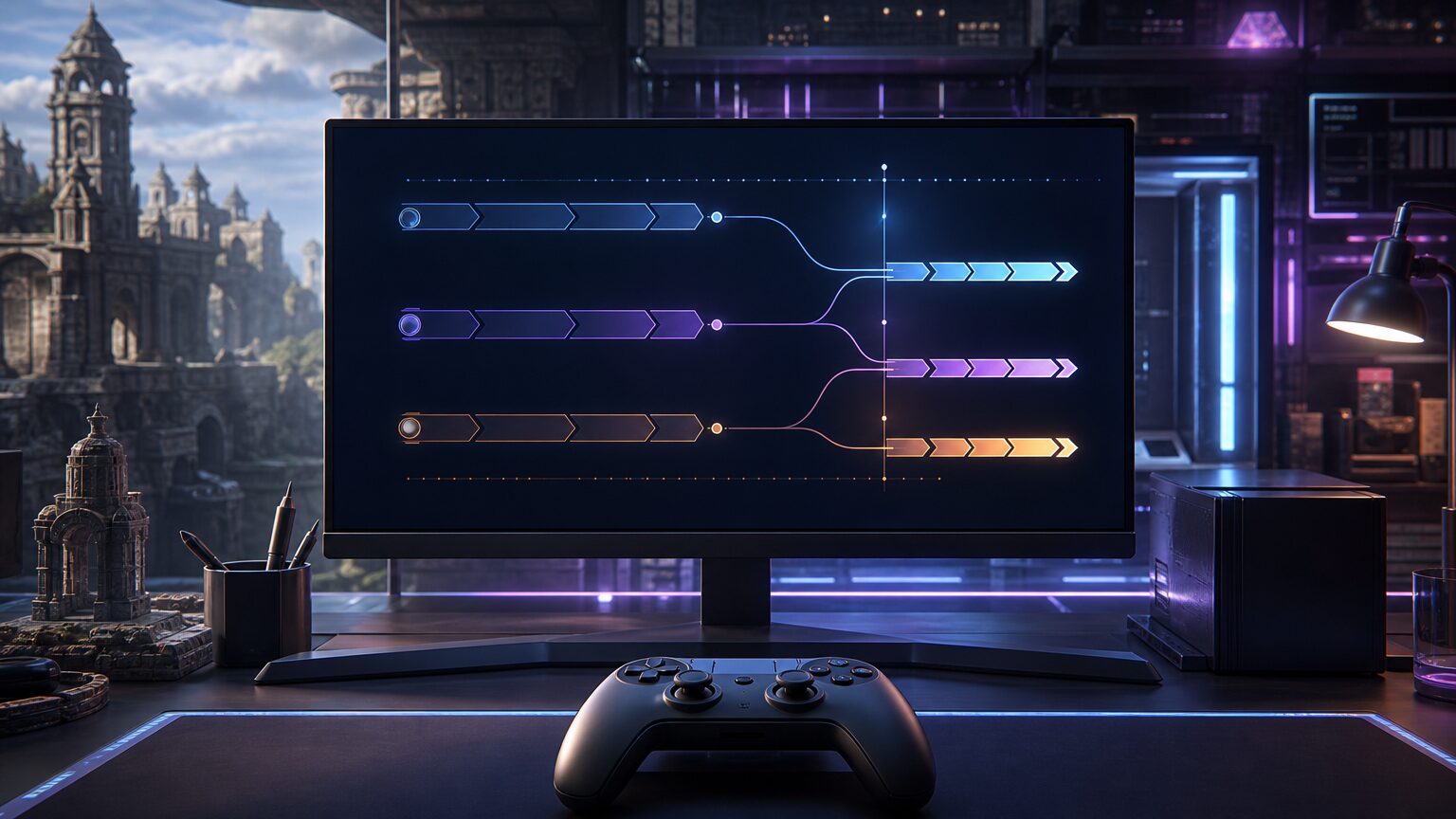 「エルダー・スクロールズ・オンライン」の一部コンテンツ延期をイメージしたゲーム用モニターと抽象的な開発スケジュール