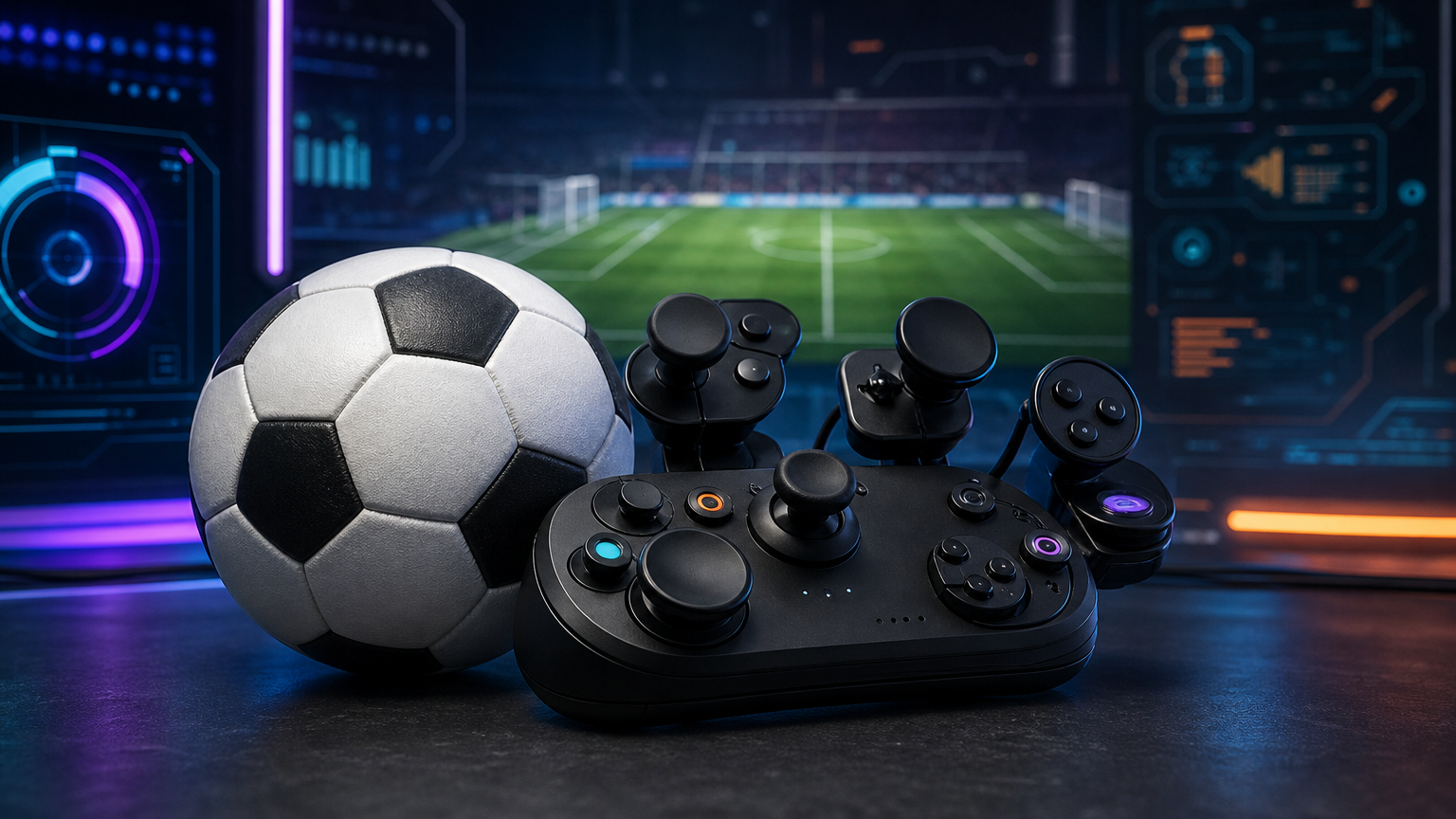 サッカーピッチに置かれたボールと適応型ゲームコントローラー風デバイス
