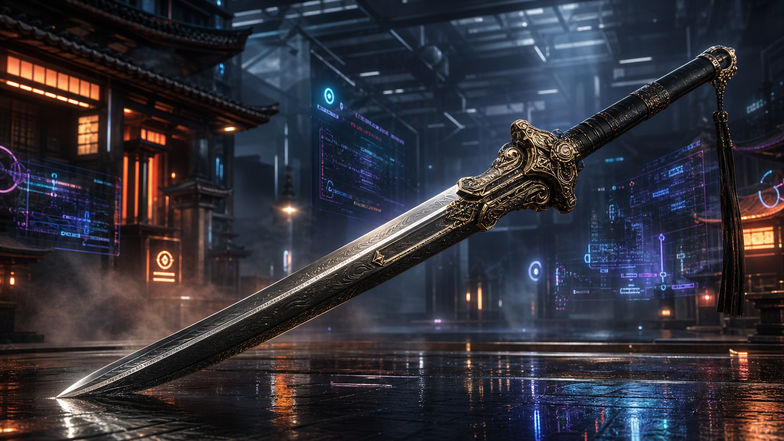 武侠風の建築とネオンが光るテック空間を背景に一本の剣を配置した『Phantom Blade Zero』予約開始記事のイメージ