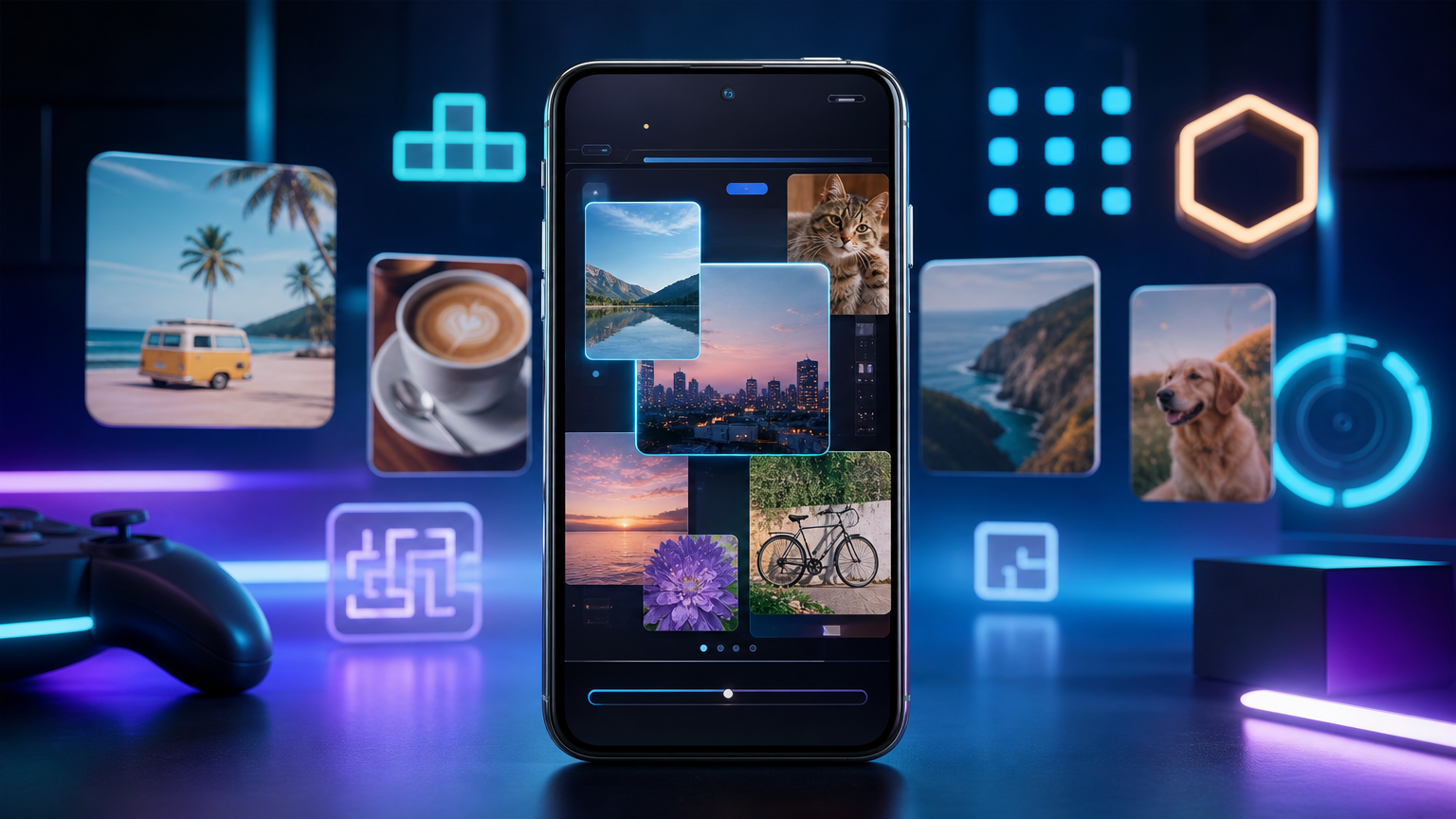 スマートフォン風デバイスから写真カードとミニゲームを連想させるモチーフが広がるイメージ